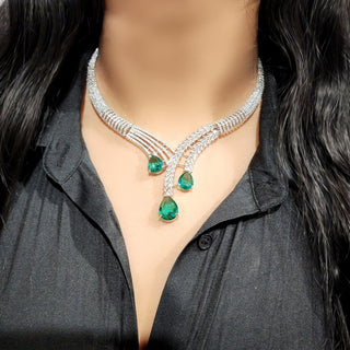 Fiora Sea Green CZ Diamond Simulant Necklace Set - ECLAT INDIAN JEWELSNecklace SetsGreen