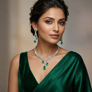 Flora Sea Green CZ Diamond Simulant Necklace Set - ECLAT INDIAN JEWELSNecklace SetsGreen