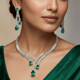 Flora Sea Green CZ Diamond Simulant Necklace Set - ECLAT INDIAN JEWELSNecklace SetsGreen