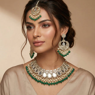 Florence Green Leaf - cut Mirror Necklace Set with Tikka - ECLAT INDIAN JEWELSNecklace SetsGreen