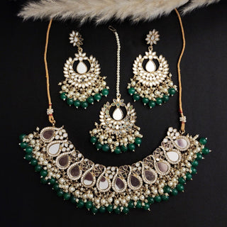 Florence Green Leaf - cut Mirror Necklace Set with Tikka - ECLAT INDIAN JEWELSNecklace SetsGreen