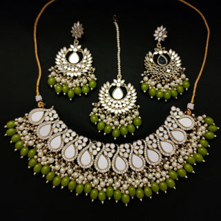 Florence Mehndi Green Mirror Necklace Set with Tikka - ECLAT INDIAN JEWELSNecklace SetsGreen