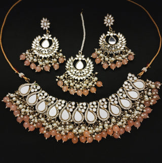 Florence Peach Mirror Necklace Set with Tikka - ECLAT INDIAN JEWELSNecklace SetsPeach