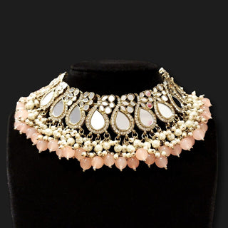 Florence Peach Mirror Necklace Set with Tikka - ECLAT INDIAN JEWELSNecklace SetsPeach