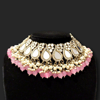 Florence Pink Mirror Necklace Set with Tikka - ECLAT INDIAN JEWELSNecklace SetsPink