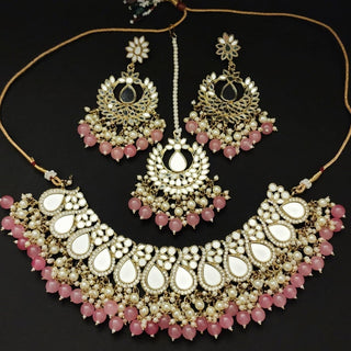 Florence Pink Mirror Necklace Set with Tikka - ECLAT INDIAN JEWELSNecklace SetsPink