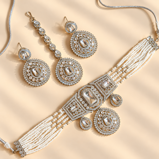 Florence silver finish Indian polki choker necklace set with matching 6 cm earrings and maang tikka