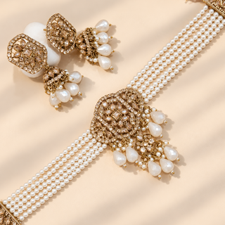 Florence Victorian gold finish Indian pearl choker necklace set with matching jhumka earrings and white bead drops
