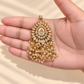 Florence Victorian gold polki maang tikka with champagne bead fringe in hand