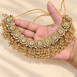 Florence Victorian gold polki necklace close up with champagne bead tassels