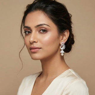 Frances White Peacock CZ American Diamond Jhumki Earrings - ECLAT INDIAN JEWELSEarringsWhite