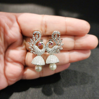 Frances White Peacock CZ American Diamond Jhumki Earrings - ECLAT INDIAN JEWELSEarringsWhite