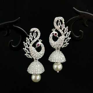 Frances White Peacock CZ American Diamond Jhumki Earrings - ECLAT INDIAN JEWELSEarringsWhite