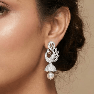 Frances White Peacock CZ American Diamond Jhumki Earrings - ECLAT INDIAN JEWELSEarringsWhite