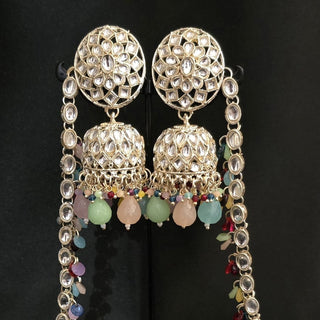 Freya Multicolour Baahubali Kundan Jhumki Earrings (with Non - Detachable Chains) - ECLAT INDIAN JEWELSTikka SetsMulticolour