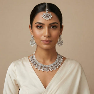 Frida Silver Necklace Set with Tikka - ECLAT INDIAN JEWELSNecklace SetsSilver