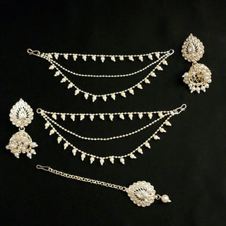 Frida White Baahubali Jhumki Tikka Set (with Detachable Chains) - ECLAT INDIAN JEWELSTikka SetsWhite