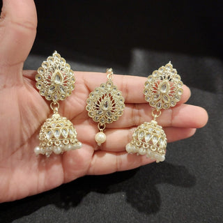 Frida White Baahubali Jhumki Tikka Set (with Detachable Chains) - ECLAT INDIAN JEWELSTikka SetsWhite