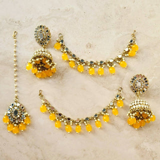 Frida Yellow Baahubali Mirror Jhumki Tikka Set (detachable hair chain) - ECLAT INDIAN JEWELSTikka SetsYellow