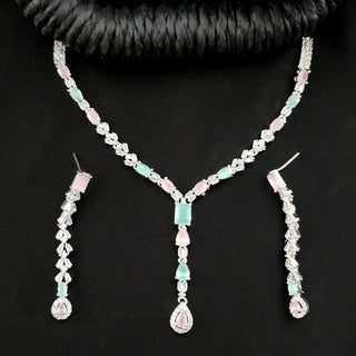 Gemma Mint Green Pink CZ Diamond Simulant Necklace Set - ECLAT INDIAN JEWELSNecklace SetsGreen