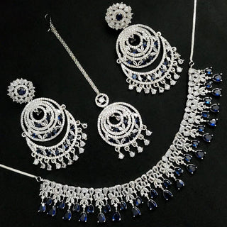 Georgia Blue Diamond Simulant Necklace Set with Tikka - ECLAT INDIAN JEWELSNecklace SetsBlue