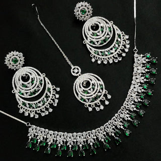 Georgia Green Diamond Simulant Necklace Set with Tikka - ECLAT INDIAN JEWELSNecklace SetsGreen