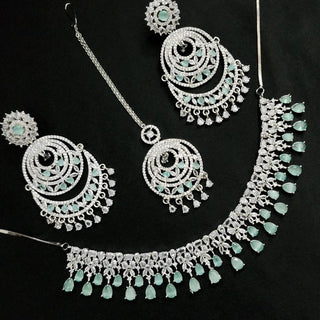 Georgia Mint Green Diamond Simulant Necklace Set with Tikka - ECLAT INDIAN JEWELSNecklace SetsGreen