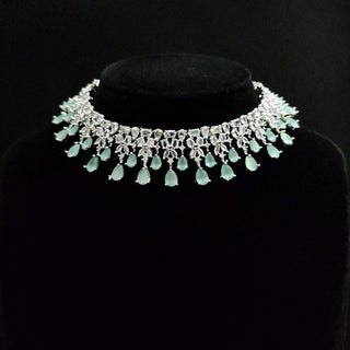 Georgia Mint Green Diamond Simulant Necklace Set with Tikka - ECLAT INDIAN JEWELSNecklace SetsGreen