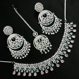 Georgia Mint Pink Diamond Simulant Necklace Set with Tikka - ECLAT INDIAN JEWELSNecklace SetsPink