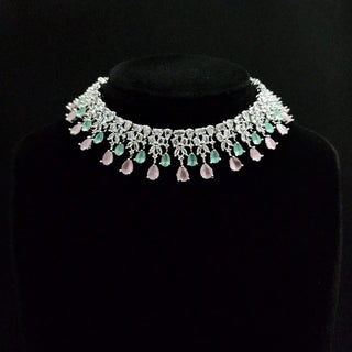 Georgia Mint Pink Diamond Simulant Necklace Set with Tikka - ECLAT INDIAN JEWELSNecklace SetsPink