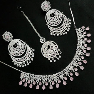 Georgia Pink Diamond Simulant Necklace Set with Tikka - ECLAT INDIAN JEWELSNecklace SetsPink