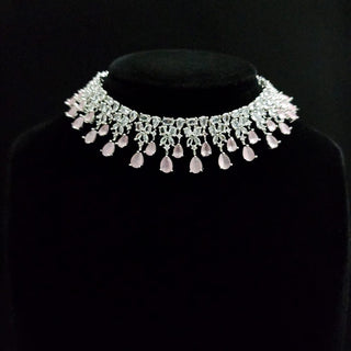 Georgia Pink Diamond Simulant Necklace Set with Tikka - ECLAT INDIAN JEWELSNecklace SetsPink