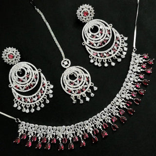 Georgia Red Diamond Simulant Necklace Set with Tikka - ECLAT INDIAN JEWELSNecklace SetsRed