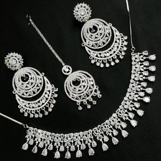 Georgia White Diamond Simulant Necklace Set with Tikka - ECLAT INDIAN JEWELSNecklace SetsWhite