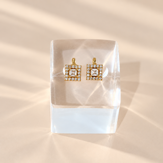 Georgina square gold finish CZ diamond bugadi ear cuff earrings on acrylic display