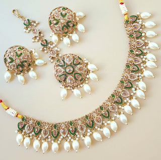 Georgina Green Polki Necklace Set with Tikka - ECLAT INDIAN JEWELSNecklace SetsGreen