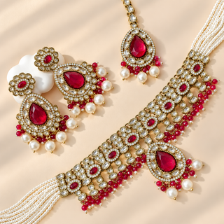 Georgina rani pink kundan necklace set antique Victorian gold finish with earrings and maang tikka