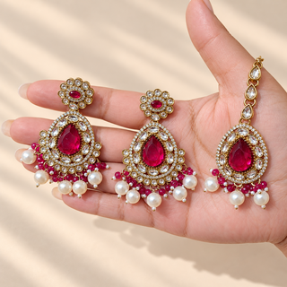 Georgina pink kundan 7.5 cm earrings and matching maang tikka with pearl drops