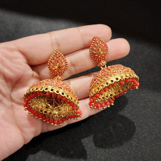 Giorgia Red Jhumki Gold Finish Earrings - ECLAT INDIAN JEWELSEarringsRed