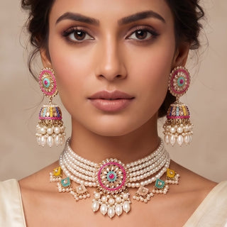 Gisella Multicolour Polki Jhumka Choker Necklace Set - ECLAT INDIAN JEWELSChoker setsMulticolor