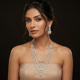 Giselle White CZ Diamond Simulant Long Necklace Set - ECLAT INDIAN JEWELSNecklace SetsWhite