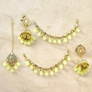 Hailey Light Green Baahubali Mirror Jhumki Tikka Set (detachable hair chain) - ECLAT INDIAN JEWELSTikka SetsGreen