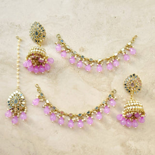 Hailey Light Purple Baahubali Mirror Jhumki Tikka Set (detachable hair chain) - ECLAT INDIAN JEWELSTikka SetsPurple