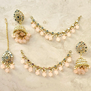 Hailey Peach Baahubali Mirror Jhumki Tikka Set (detachable hair chain) - ECLAT INDIAN JEWELSTikka SetsPeach