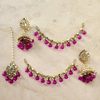 Hailey Purple Baahubali Mirror Jhumki Tikka Set (detachable hair chain) - ECLAT INDIAN JEWELSTikka SetsPurple