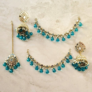 Hailey Teal Blue Baahubali Mirror Jhumki Tikka Set (detachable hair chain) - ECLAT INDIAN JEWELSTikka SetsBlue