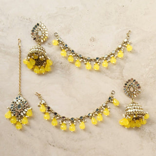 Hailey Yellow Baahubali Mirror Jhumki Tikka Set (detachable hair chain) - ECLAT INDIAN JEWELSTikka SetsYellow