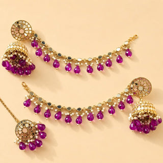 Haley Purple Baahubali Mirror Jhumki Tikka Set (detachable hair chain) - ECLAT INDIAN JEWELSTikka SetsPurple