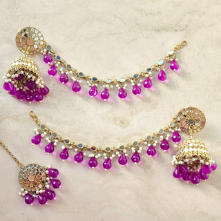 Haley Purple Baahubali Mirror Jhumki Tikka Set (detachable hair chain) - ECLAT INDIAN JEWELSTikka SetsPurple