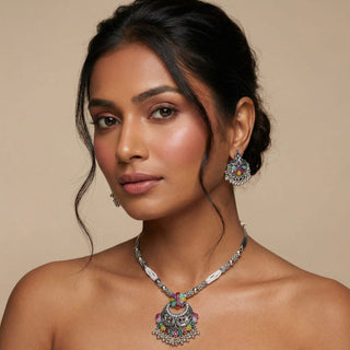 Hannah Multicolour German Silver Necklace Set - ECLAT INDIAN JEWELSNecklace SetsMulticolour